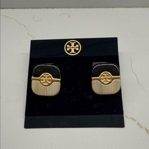 Tory Burch Black and Cream Earrings with Gold Accents